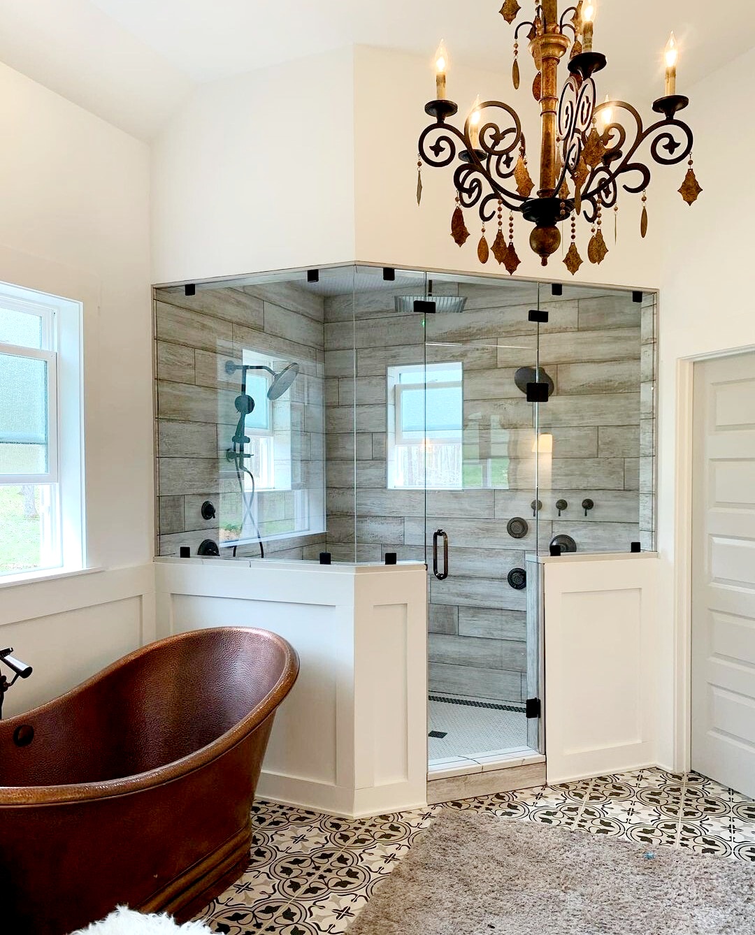 Neo-Angle steam shower with a transom above the door to vent the steam!